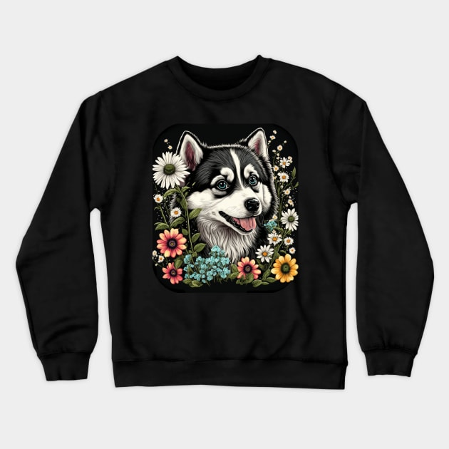 Alaskan Malamute Dog and Flowers Crewneck Sweatshirt by kansaikate